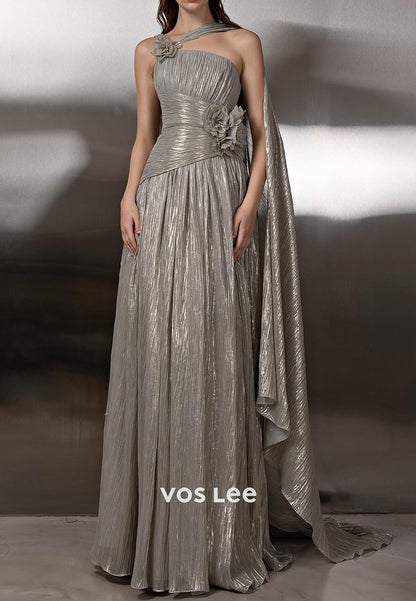 A-Line Asymmetrical Neck Flowers Pleated Evening Gowns with Sweep Train