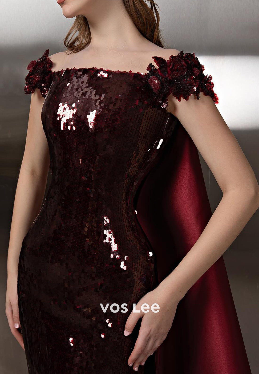 Elegant & Luxurious Burgundy Cap Straps Sequined Mermaid Prom Dresses