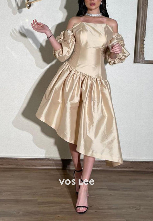 A-Line Short Sleeve Strapless Champagne Tea-Length Simple Evening Dresses