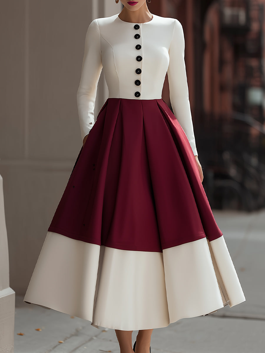 Ivory And Burgundy Colorblock Midi Dress With Button Detail
