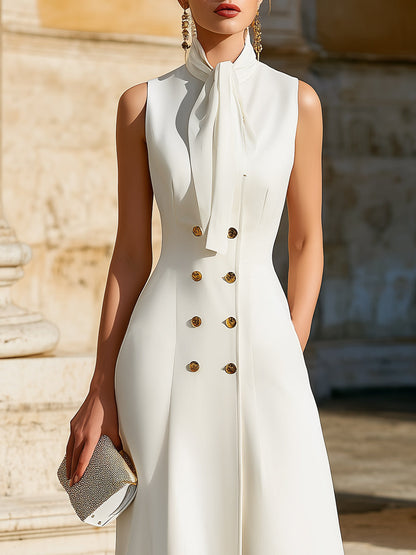 Sleeveless Tie-Neck Double-Breasted Midi Dress