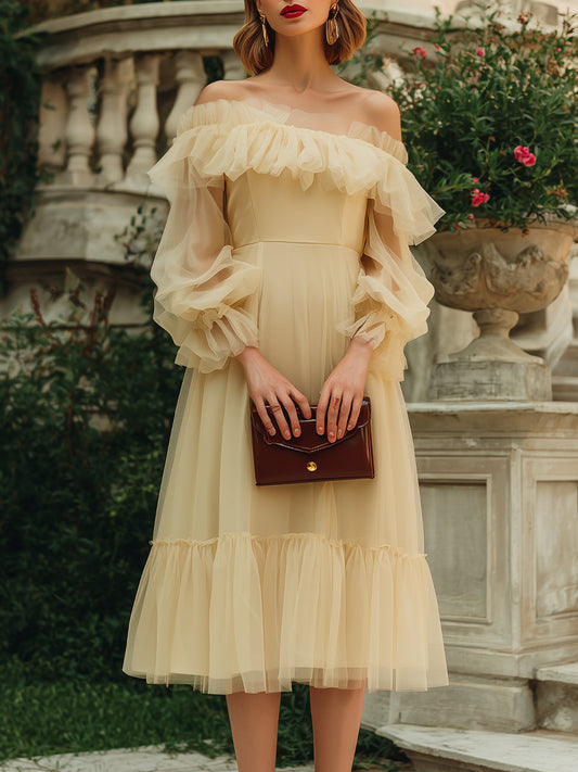 Off-Shoulder Ruffle Tulle Midi Dress
