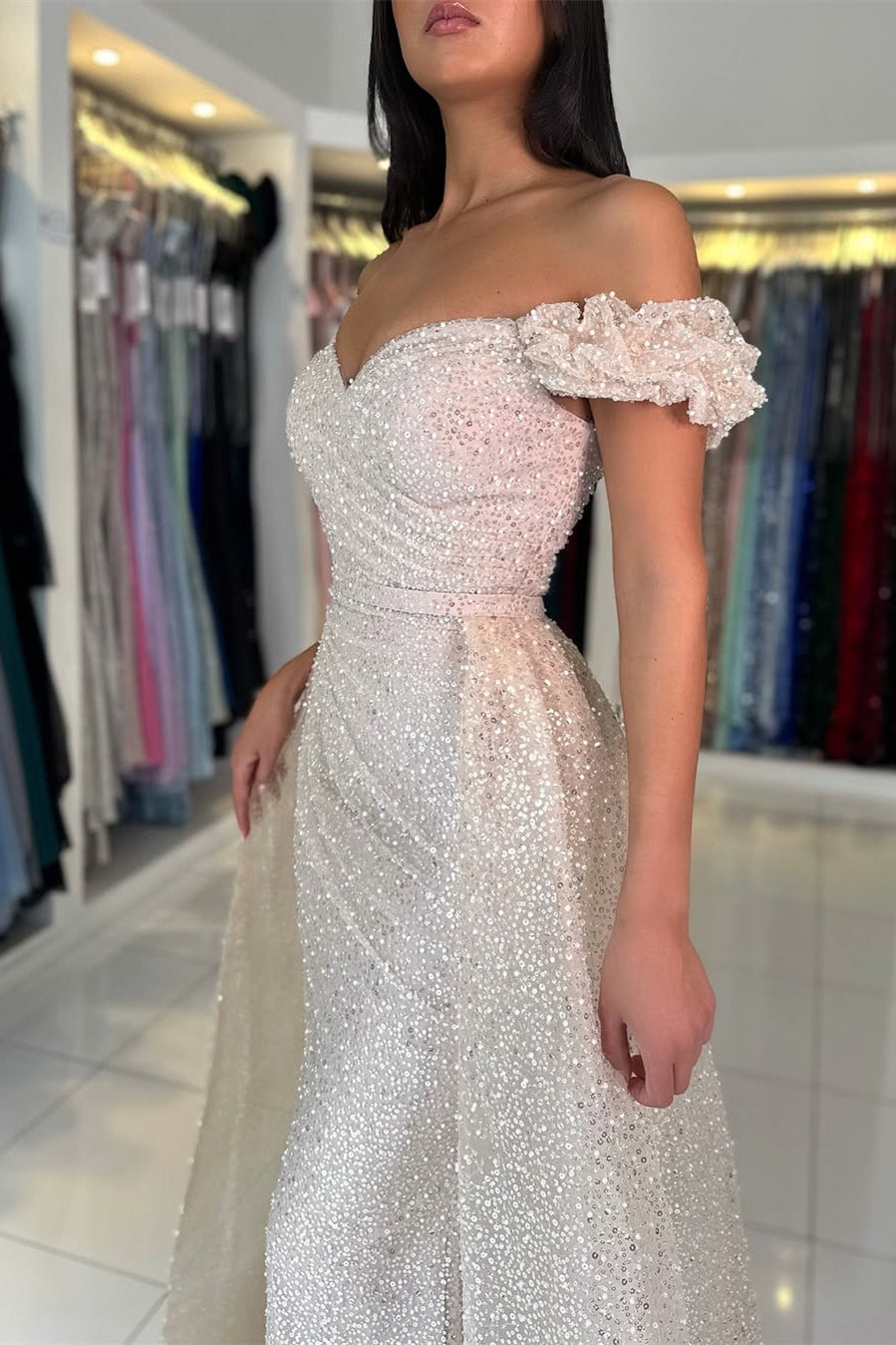 Off-the-Shoulder Sweetheart Evening Gowns Sequins Long With Detachable Overskirt