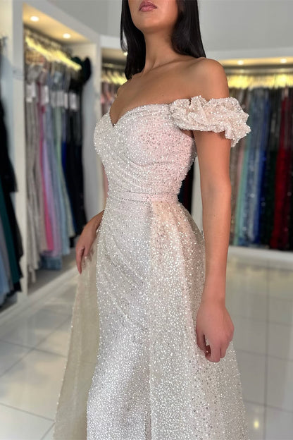 Off-the-Shoulder Sweetheart Evening Gowns Sequins Long With Detachable Overskirt