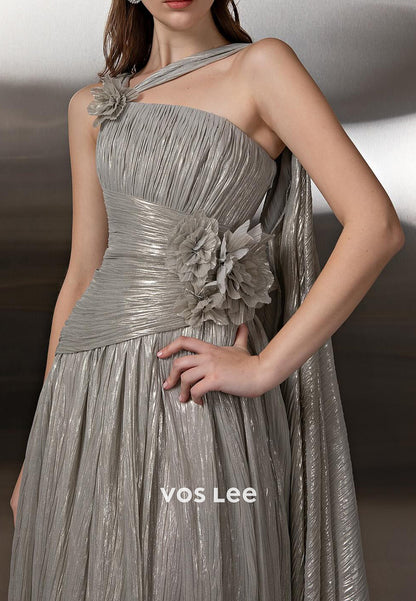 A-Line Asymmetrical Neck Flowers Pleated Evening Gowns with Sweep Train