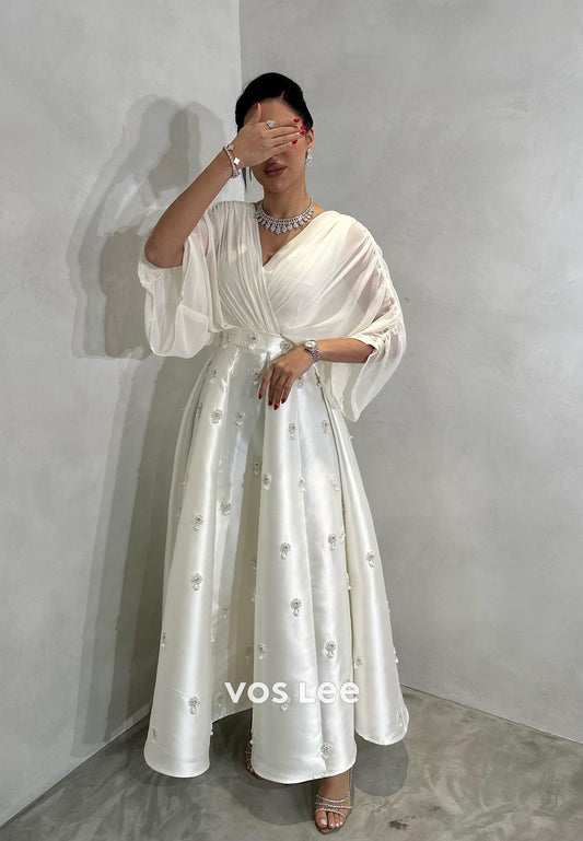 A-Line 3/4 Sleeve V Neck Beaded Pearls Pleated Ankle-Length Evening Dresses