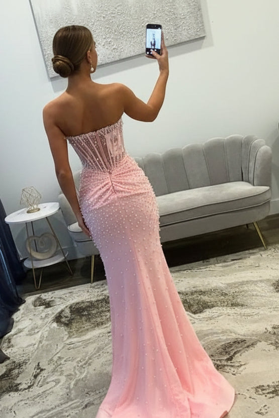 Sparkling Mermaid Sweetheart Pink Split Prom Dress with Beading