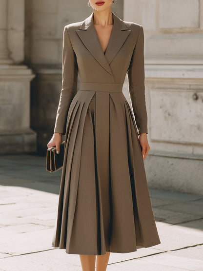 Taupe Lapel - Collar Pleated Midi Dress