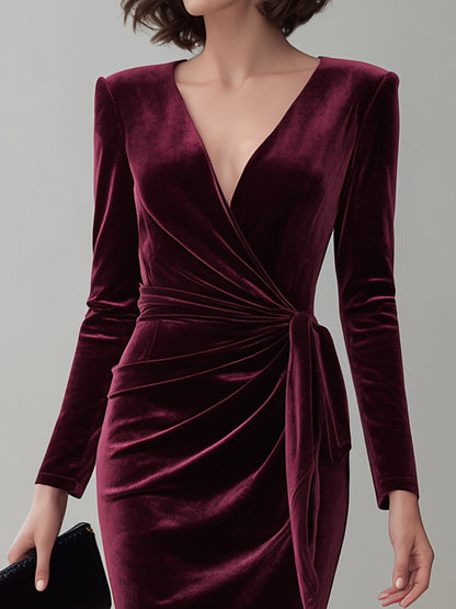 VOS LEE Burgundy Velvet Draped Midi Dress