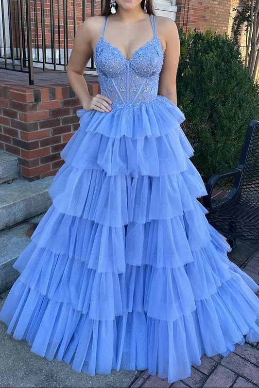 Straps Blue Appliques Tiered Ruffle Long Formal Dress