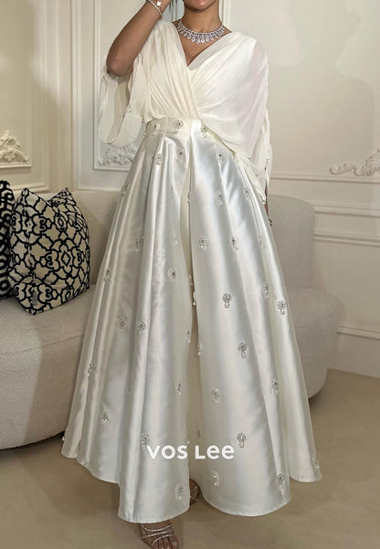 A-Line 3/4 Sleeve V Neck Beaded Pearls Pleated Ankle-Length Evening Dresses