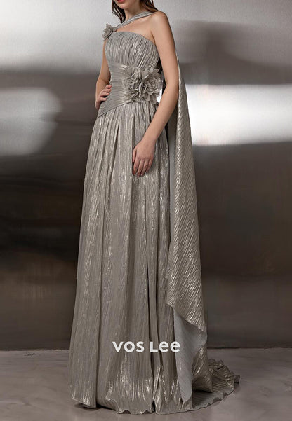 A-Line Asymmetrical Neck Flowers Pleated Evening Gowns with Sweep Train