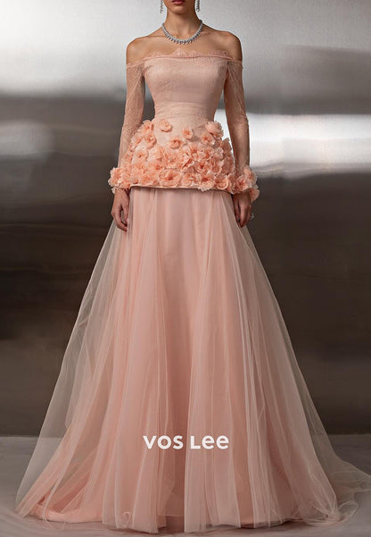 Long Sleeve Off the Shoulder Floral Embossed Tulle Floor-Length Prom Dresses