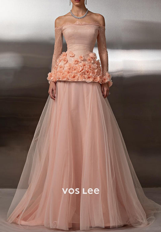 Long Sleeve Off the Shoulder Floral Embossed Tulle Floor-Length Prom Dresses