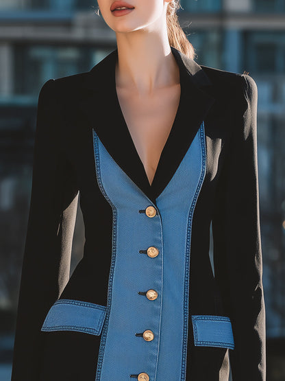 Chic Denim Panel Contrast Blazer Mini Dress