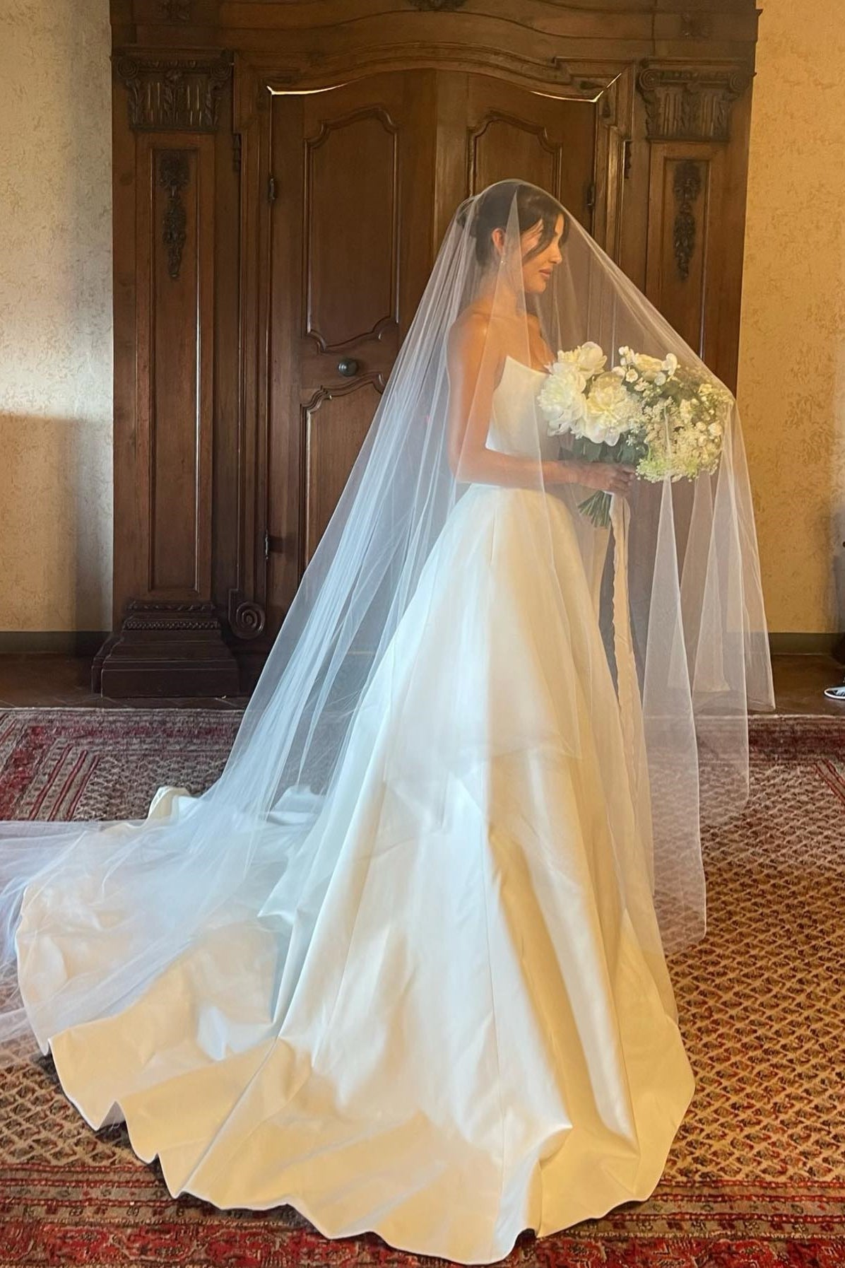 Charming A Line Strapless White Satin Long Wedding Dress with Slit