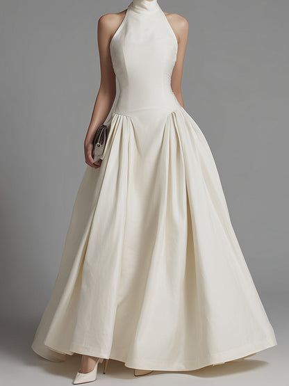 Halter Neck Fit-and-Flare Maxi Dress With Structured Pleated Skirt