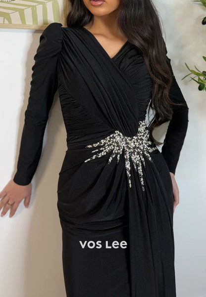 Gorgeous Long Sleevees V Neck Rhinestone Pleated Mermaid Evening Dresses