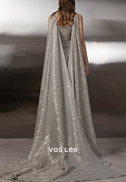 A-Line Asymmetrical Neck Flowers Pleated Evening Gowns with Sweep Train