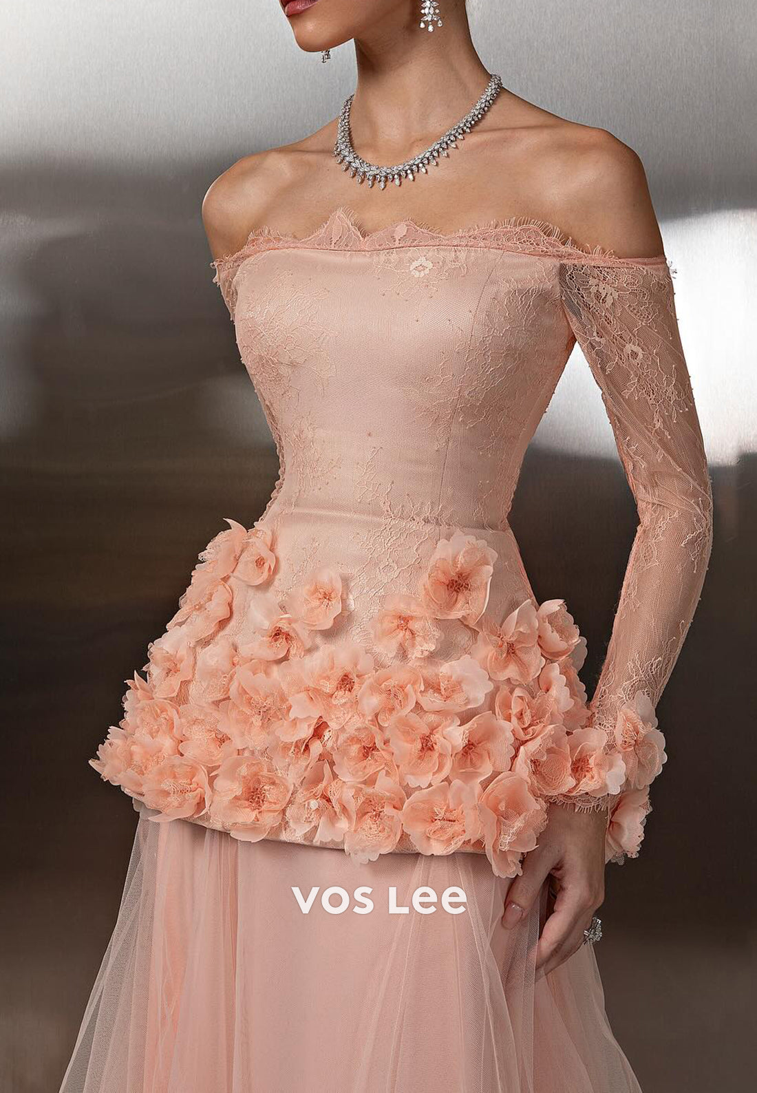 Long Sleeve Off the Shoulder Floral Embossed Tulle Floor-Length Prom Dresses