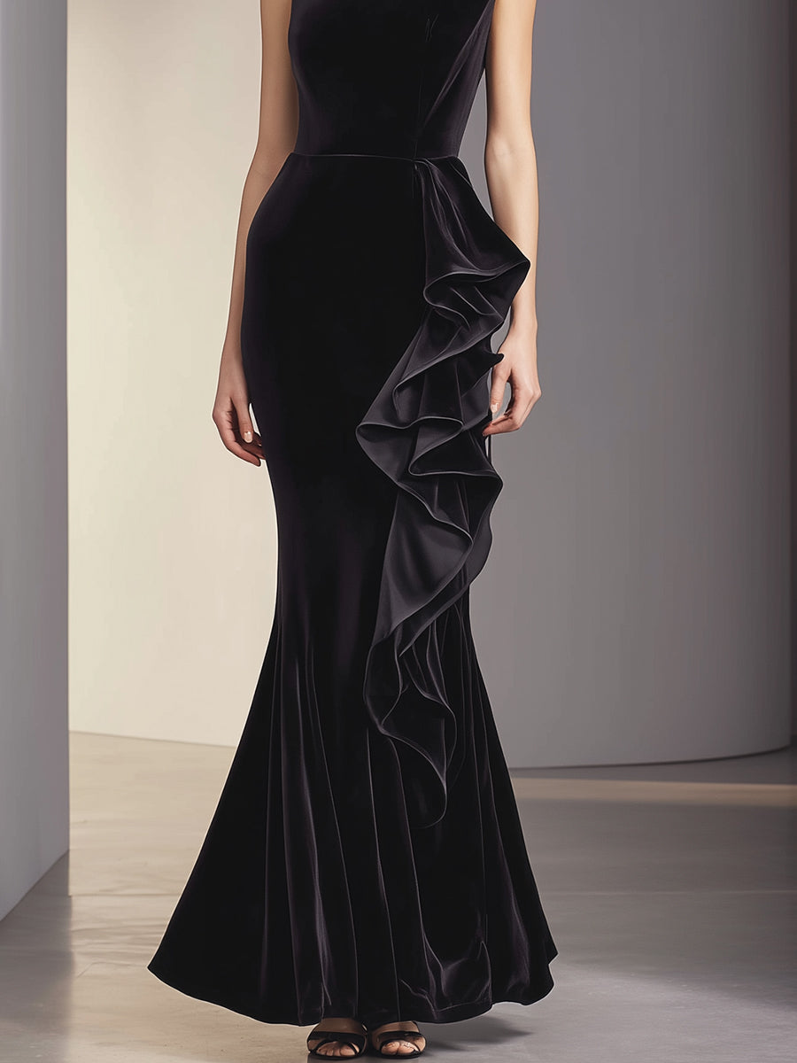 Asymmetric Cascading Ruffle Velvet Gown