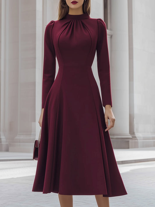 Elegant Burgundy Long Sleeve Midi Dress With Pleated Neckline