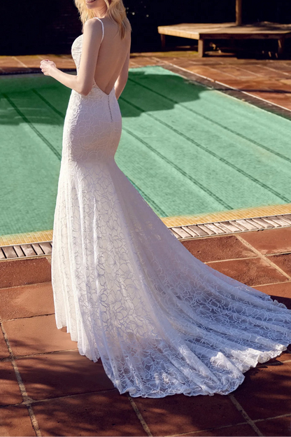 Spaghetti Strap Cowl Neck Lace Mermaid Wedding Dress with Chapel Train