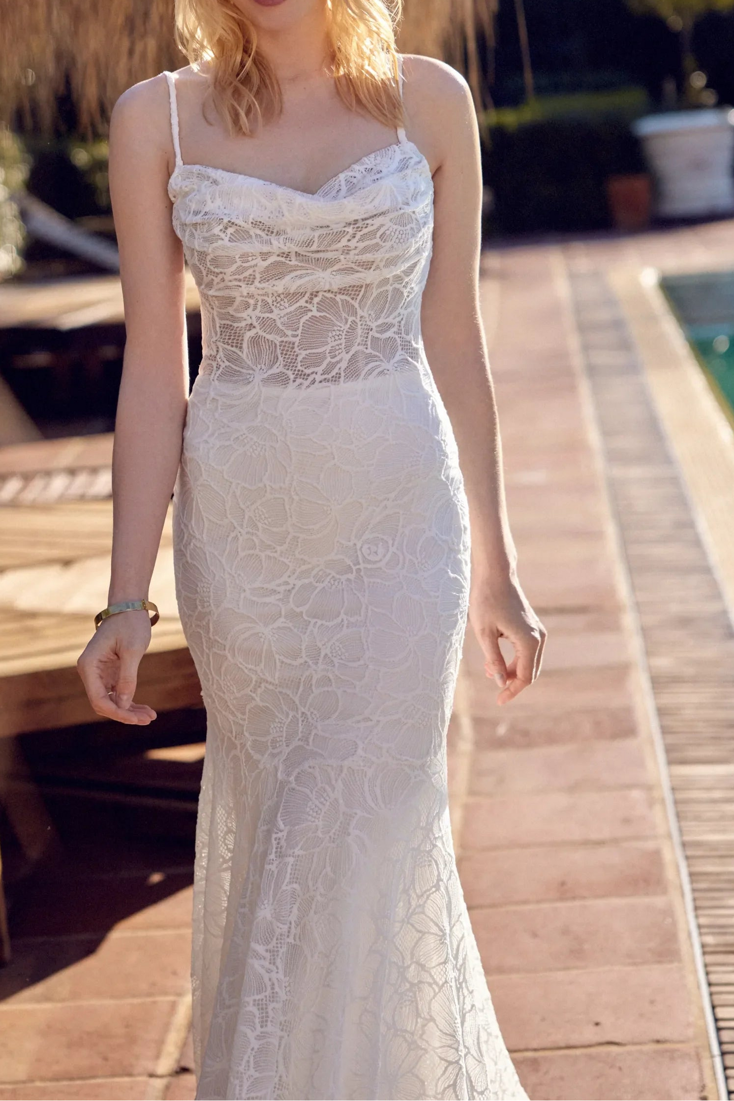 Spaghetti Strap Cowl Neck Lace Mermaid Wedding Dress with Chapel Train