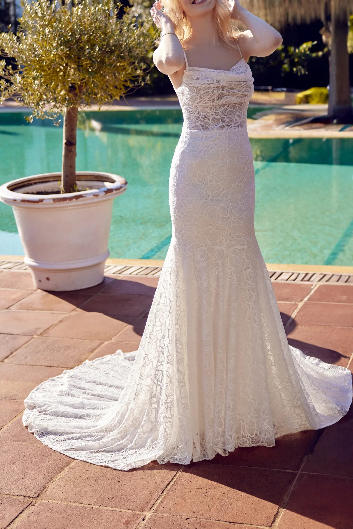 Spaghetti Strap Cowl Neck Lace Mermaid Wedding Dress with Chapel Train