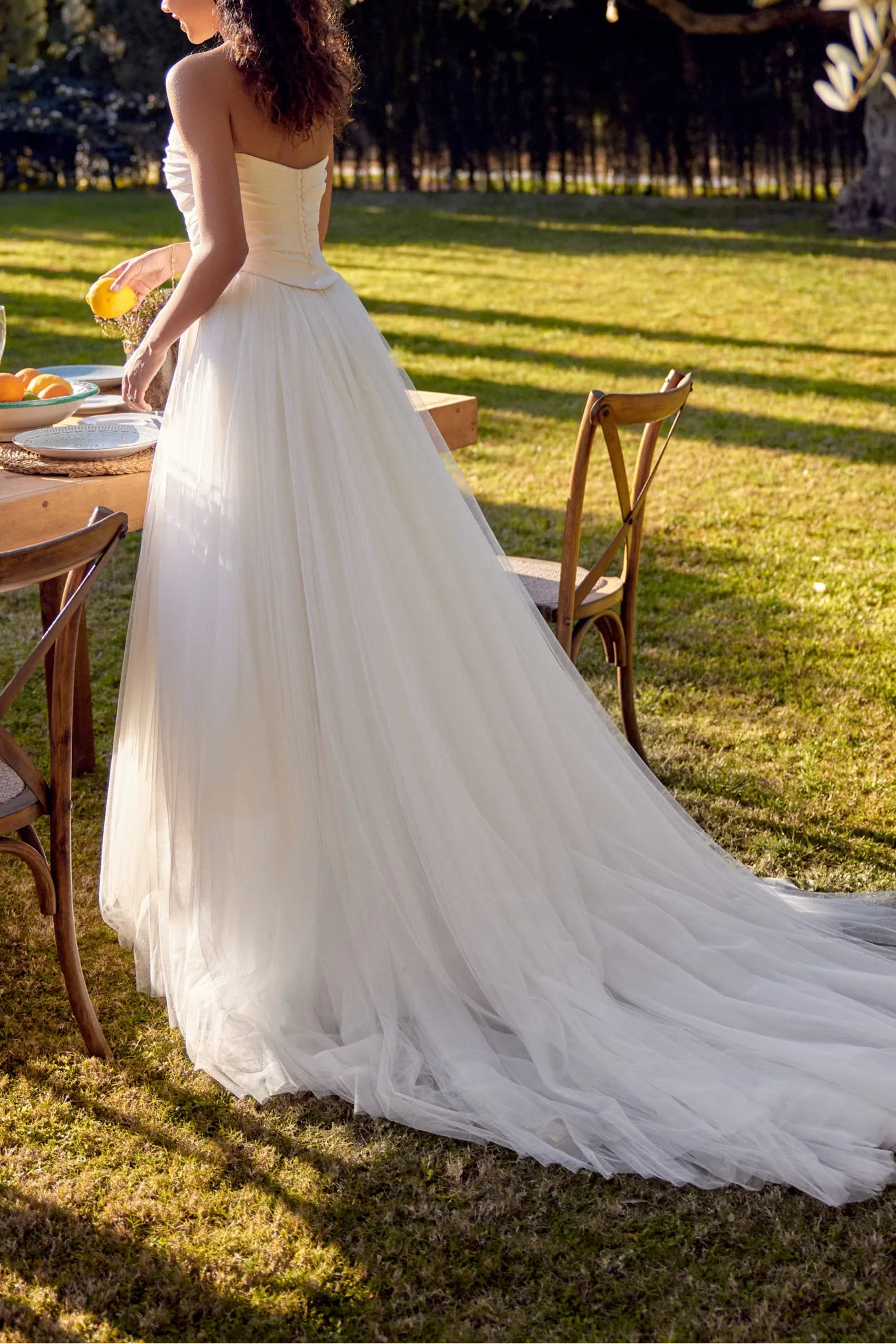 Strapless Ruched Bodice Tulle A-Line Wedding Dress with Cathedral Train
