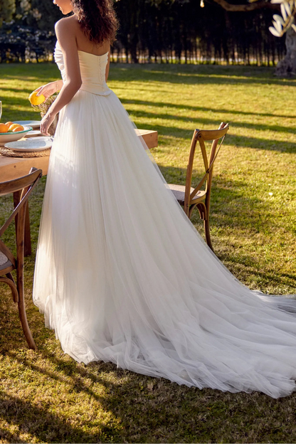 Strapless Ruched Bodice Tulle A-Line Wedding Dress with Cathedral Train