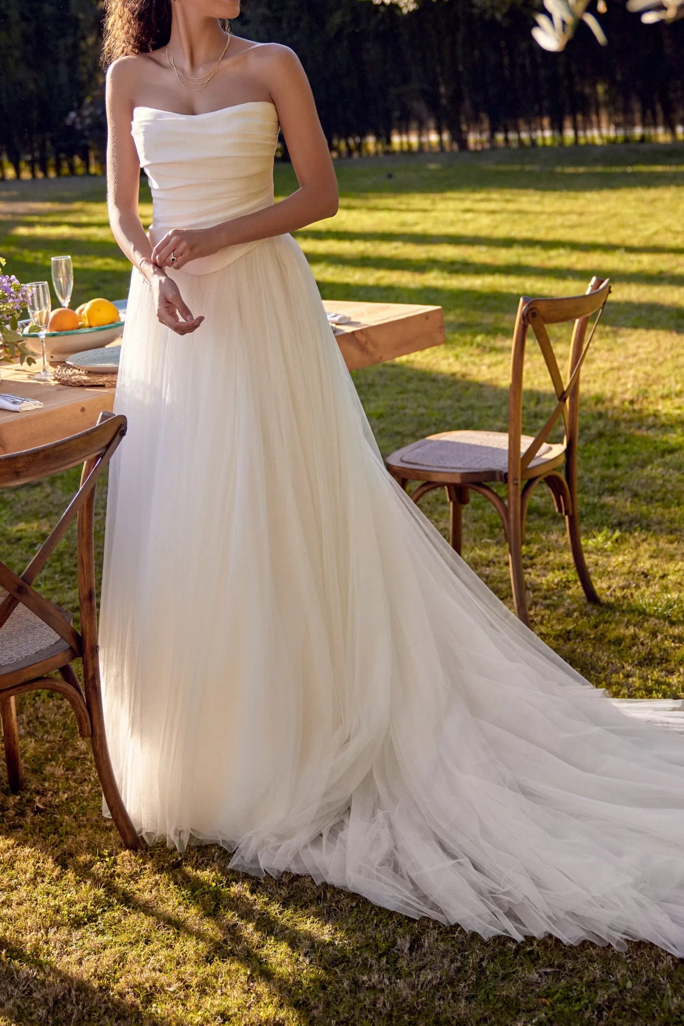 Strapless Ruched Bodice Tulle A-Line Wedding Dress with Cathedral Train