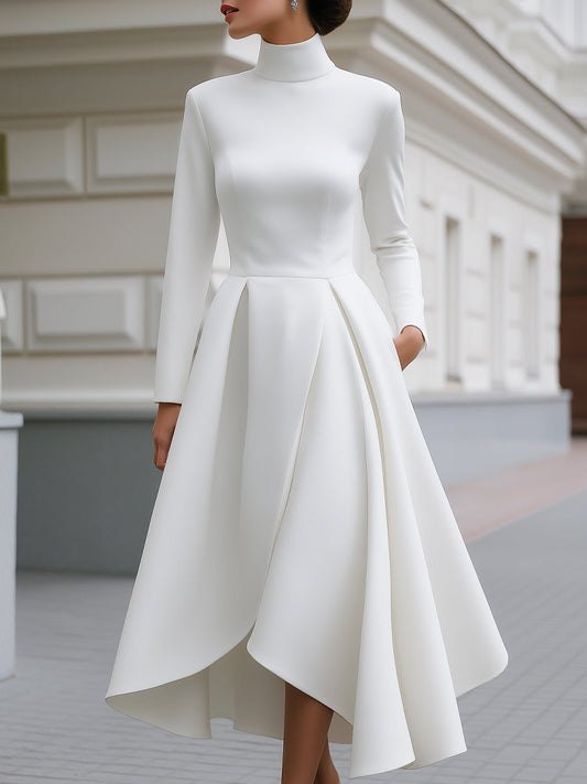 Structured High-Neck A-Line Midi Dress