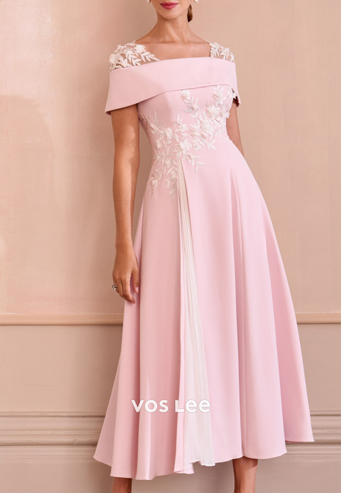A-Line Short Sleeve Off-Shoulder Appliqued Tea-Length Pleated Mother of Bride Dresses