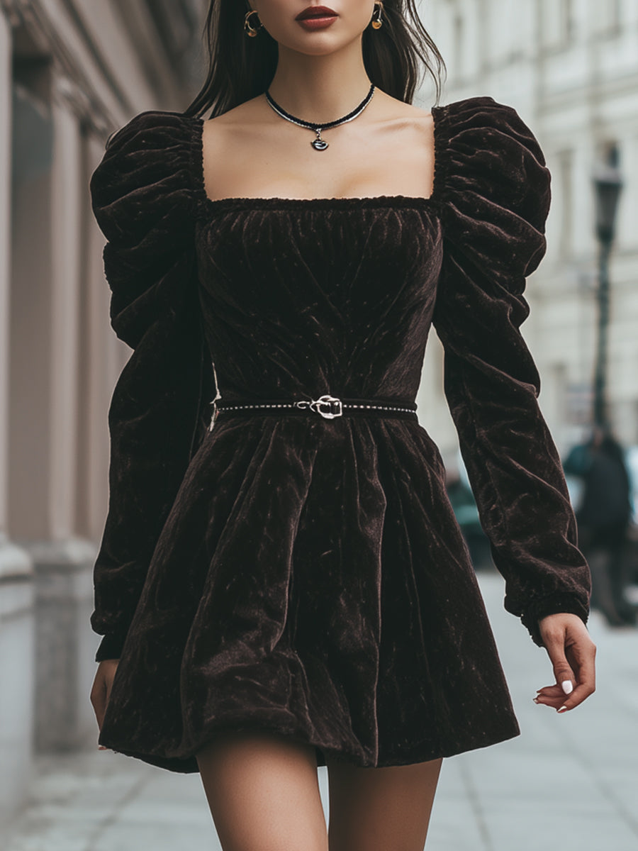 Chocolate Velvet Puff-Sleeve Mini Dress