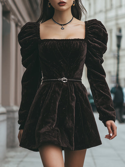 Chocolate Velvet Puff-Sleeve Mini Dress