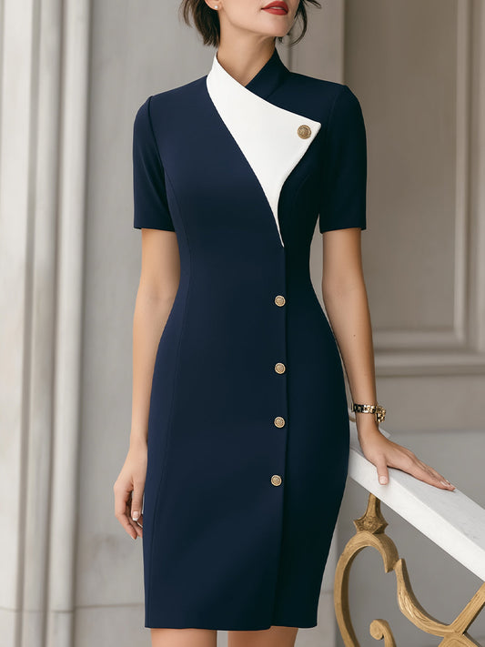 Elegant Contrast Collar Button-Front Fitted Sheath Dress