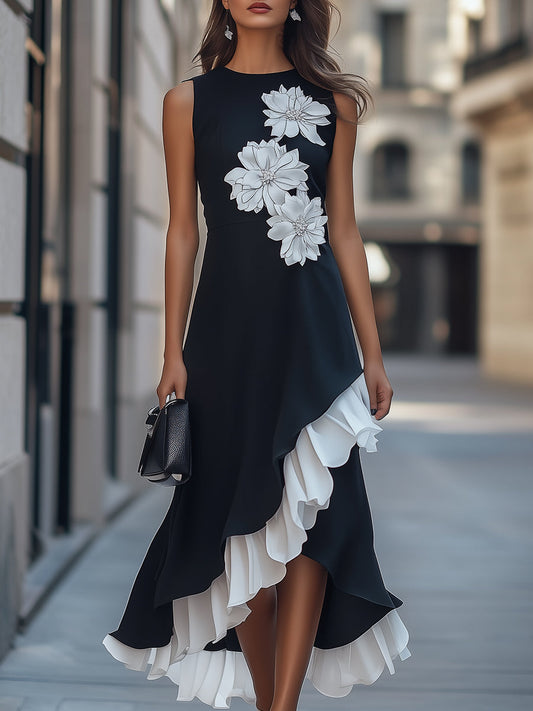Elegant Black Ruffle Dress With  Floral Appliqué