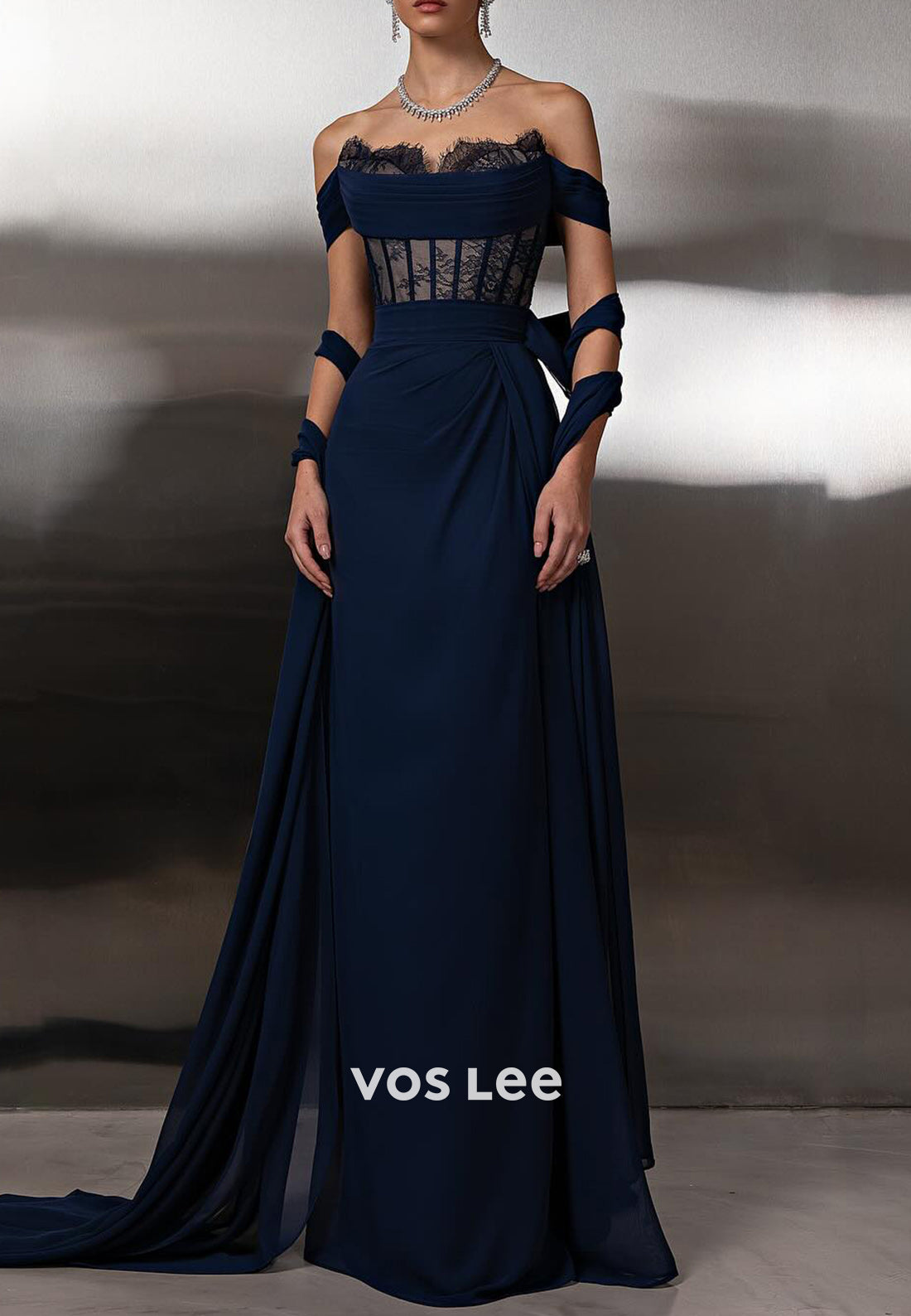 Dark Navy - Sweetheart Lace Floor-Length Pleated Sheath Evening Dresses