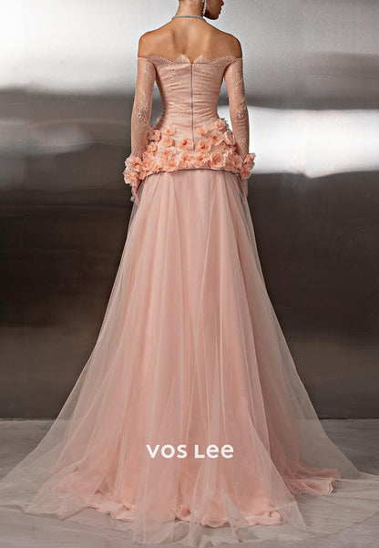 Long Sleeve Off the Shoulder Floral Embossed Tulle Floor-Length Prom Dresses