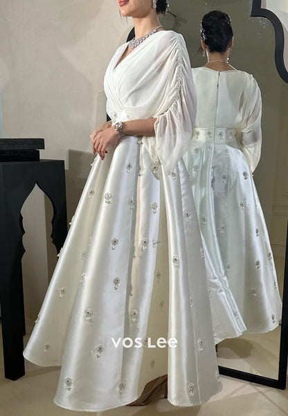 A-Line 3/4 Sleeve V Neck Beaded Pearls Pleated Ankle-Length Evening Dresses