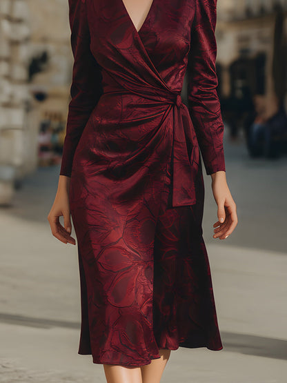 Burgundy Jacquard Wrap Midi Dress