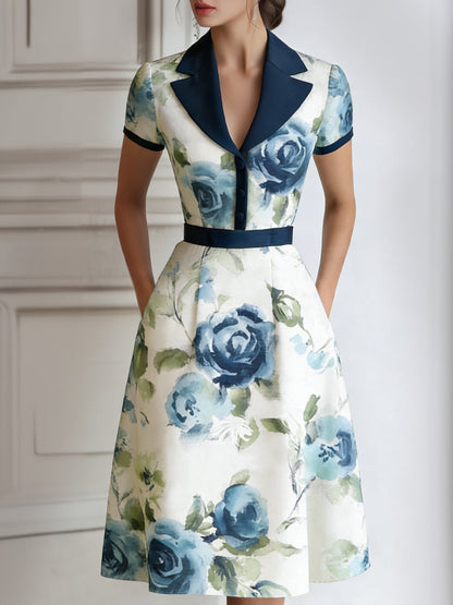 Floral Lapel Short Sleeve Midi Dress With Tailored Waist