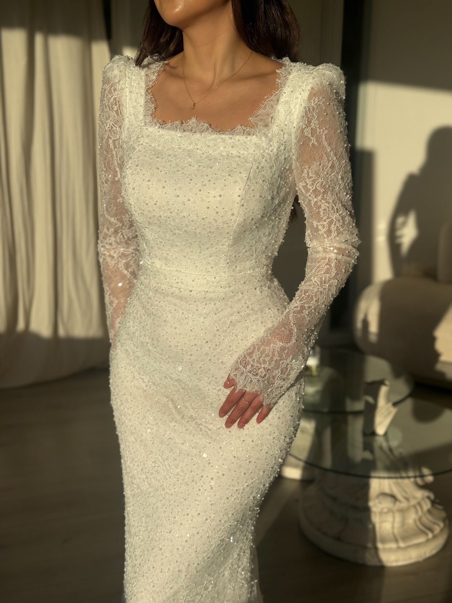Luxury Sequin Lace Evening Gown | Long Sheer Sleeves & Mermaid Train