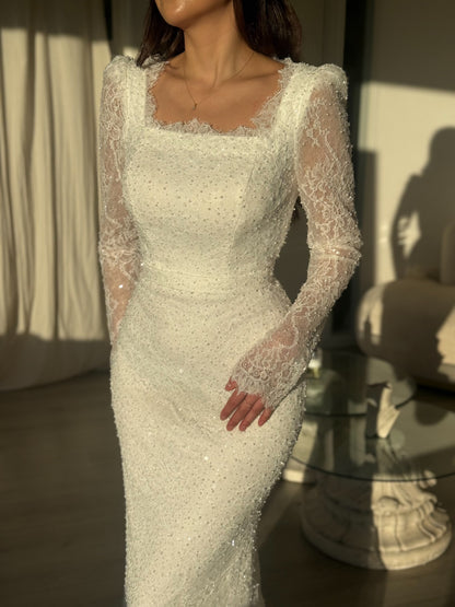 Luxury Sequin Lace Evening Gown | Long Sheer Sleeves & Mermaid Train