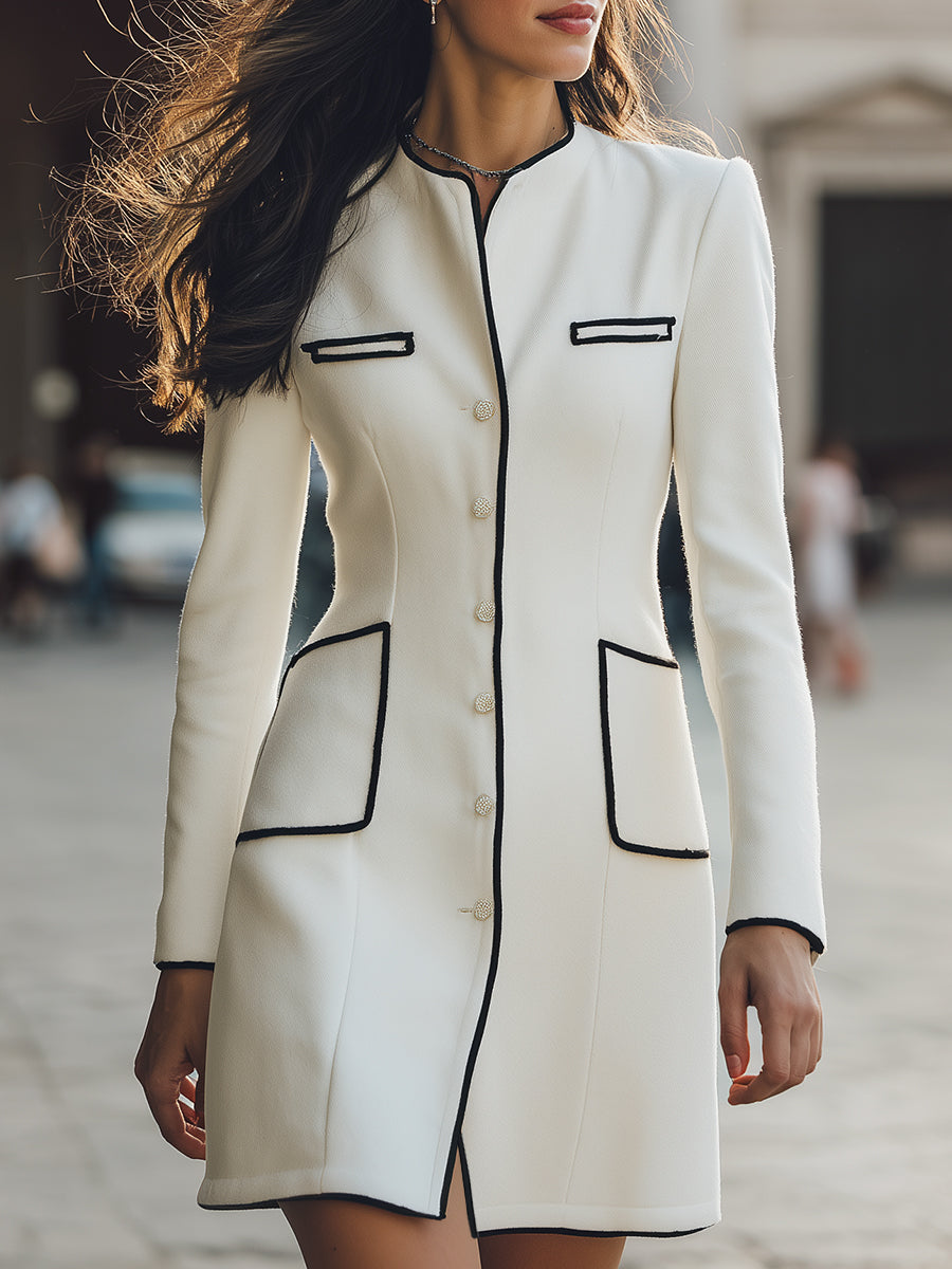 Elegant White Contrast-Trim Coat Dress