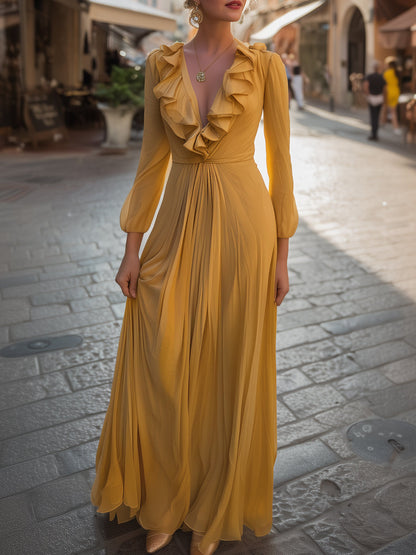 Ruffle Maxi Dress With Pleated Flow Skirt