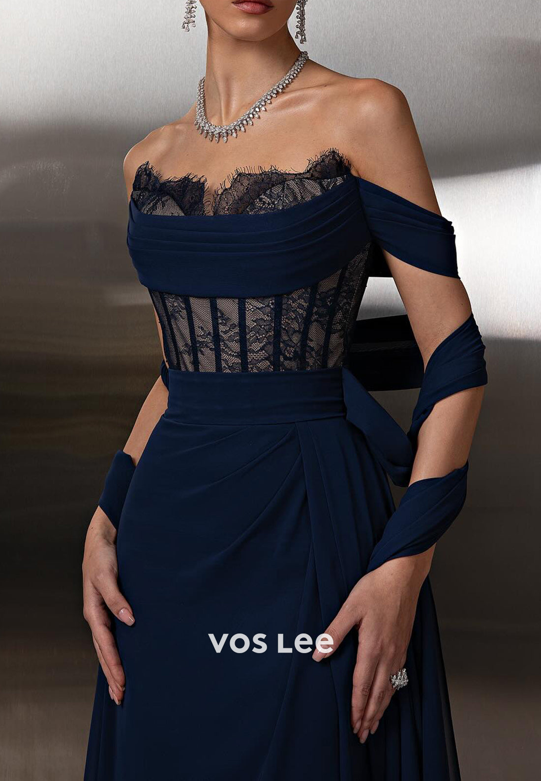 Dark Navy - Sweetheart Lace Floor-Length Pleated Sheath Evening Dresses