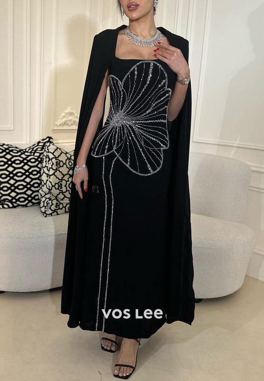 Simple Long Sleeve Square Rhinestone Black Sheath Evening Dresses
