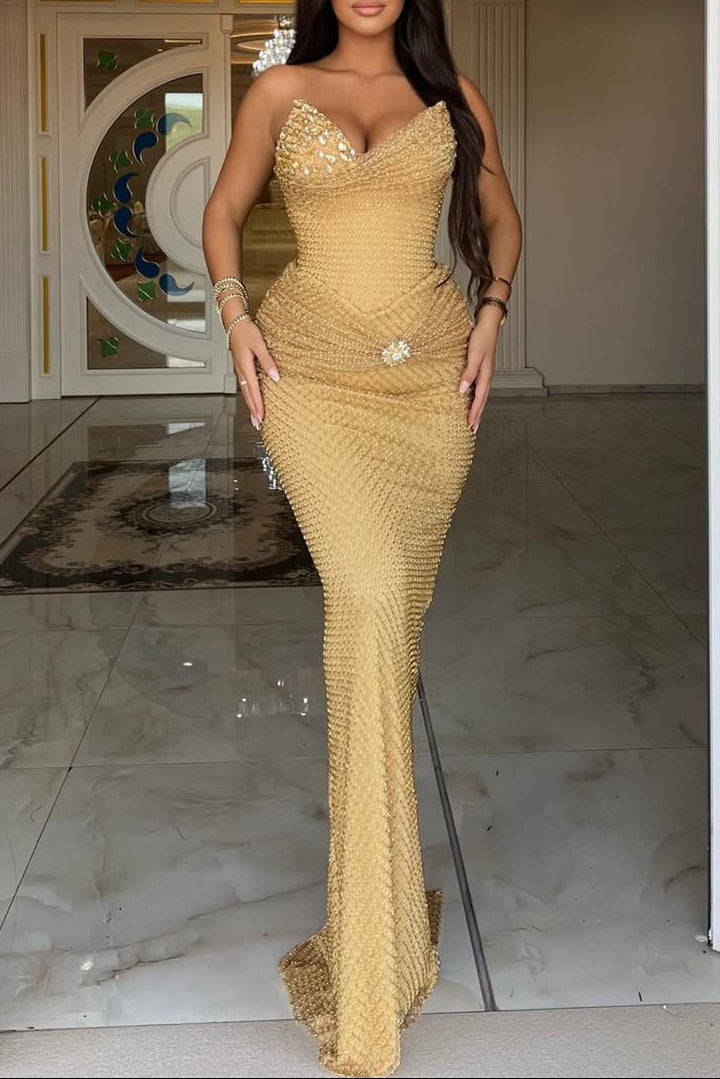 Gold Sweetheart Mermaid Evening Dresses Beadings Long With Crystals